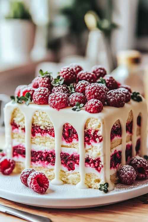 decorating white chocolate raspberry dream cake