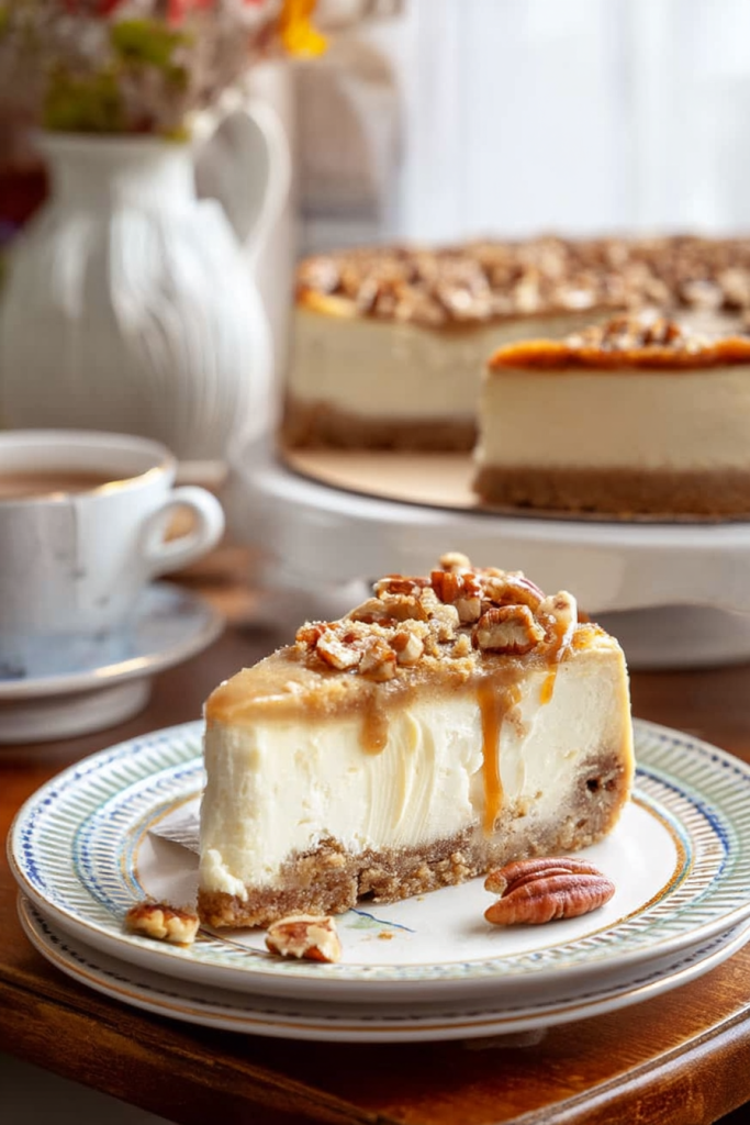 Creamy Cheesecake with Candied Pecan Topping