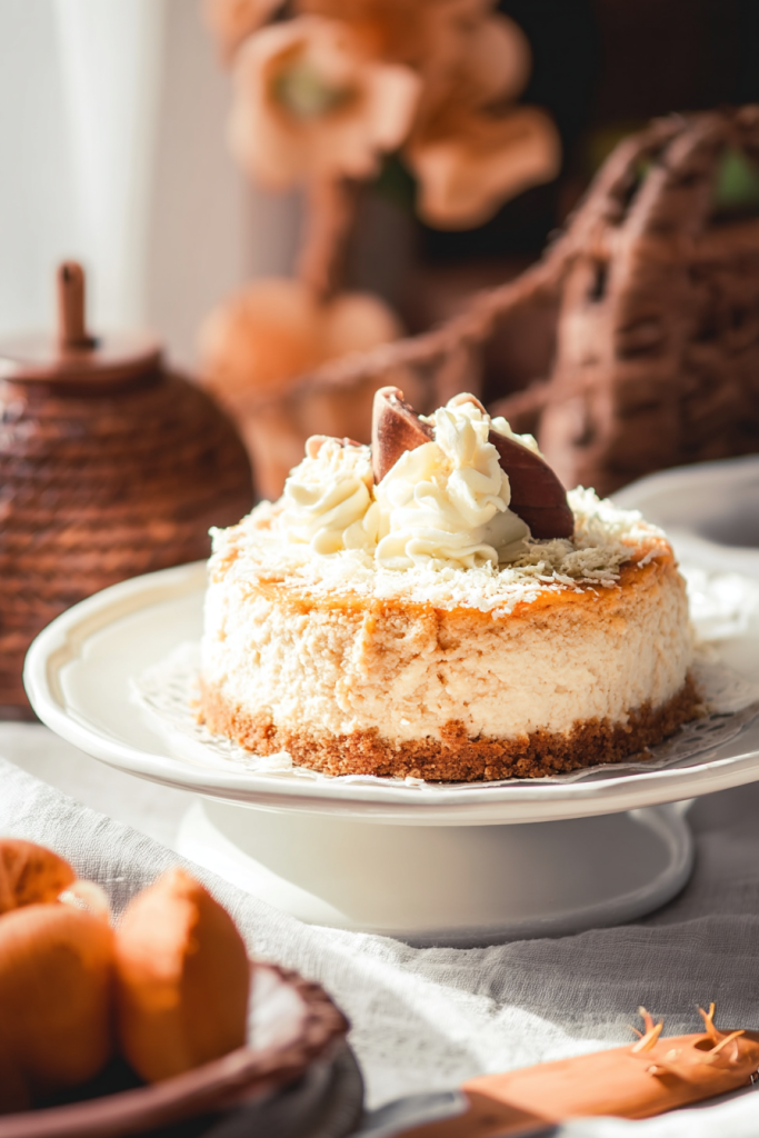 Creamy Pumpkin Cheesecake with White Chocolate Swirl