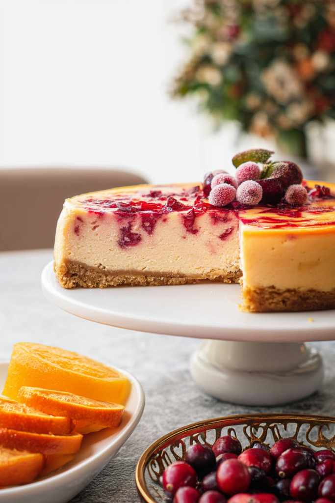 Festive Cheesecake with Orange Zest and Cranberry Sauce