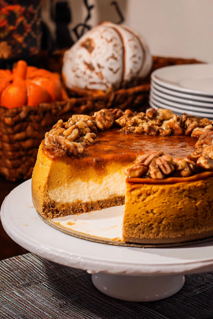 Thanksgiving Cheesecake with Pumpkin and Candied Pecans